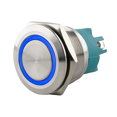 SeKi Pulsante a pressione in acciaio inox, 19 mm, a forma di testa piatta, con campane illuminate, simbolo di colore bianco, occhielli per saldatura, connettore piatto 0,5 x 2,8 connettore; pulsante