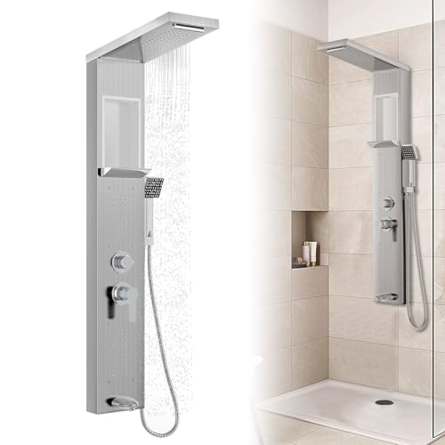 Froadp - Pannello doccia in acciaio inox, sistema doccia a parete con 5 funzioni: doccia a pioggia, con doccetta, doccia massaggiante, doccia a cascata, set doccia completo a colonna (argento)