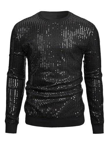 WDIRARA Men's Glitter Sequin Round Neck Sweatshirt Long Sleeve Solid Pullover Top