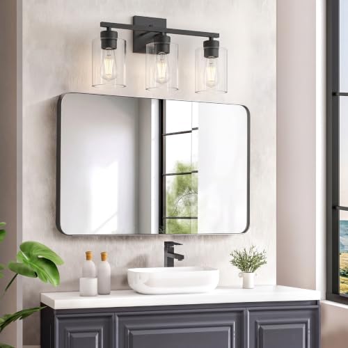 Image of Matte Black Bathroom Vanity Light, 3-Light Vanity Lighting fixtures Over Mirror, Round Design & UL Certification, Wall Sconces with Clear Glass Shades, E26 Socket (Bulbs Not Included)