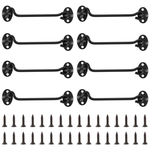 FWEEK Pack of 8 Storm Hooks with Eyelet Stainless Steel, 6 Inch Cabin Hooks, Stainless Steel, Window Hooks, Storm Hooks, Cabin Hooks with 32 Mounting Screws for Garage Door, Window, Barn Door, Door