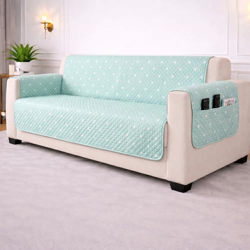 Image of STITCHNEST 'CloudFeel Series' Quilted Printed Velvet Sofa Cover for 3 Seater | Premium Soft Velvet Sofa Protector | Mint Green Polka Dot Design with Armrest Pockets | Furniture Cover