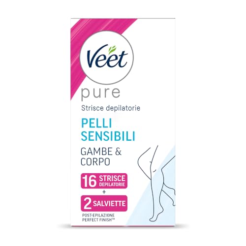 Veet Strisce Depilatorie Gambe e Corpo, Ipoallergeniche e Dermatologicamente Testate, 16 Strisce (8x2 Strisce) + Salviette Post-Epilazione Idratanti