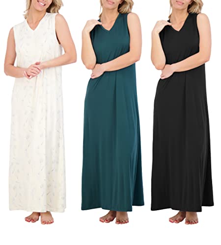 Real Essentials 3 Pack: Womens Sleeveless Tank V-Neck Adult Nightgown Long Soft Nightshirt Women Night Gowns Nightdress Sleep Lounge Dress Sleepwear Pajama PJs sleeping Ladies PJ Chemise - Set 3, L