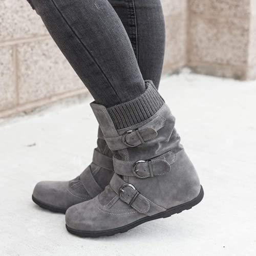 BORAMAX Womens Low Heel Slouch Suede Slip On Casual Ankle Boots with Ring Buckle and Side Zipper Buckle Winter Booties3