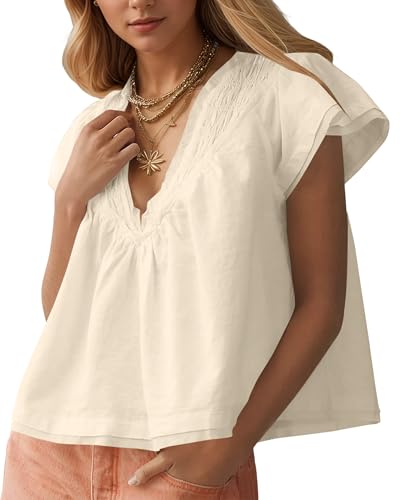 MISSACTIVER Women’s Smocked Short Sleeve Blouse Tops V Neck Ruched Pleated Babydoll Loose Fit Flowy Summer Tunic Shirts