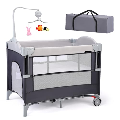 Image of JOYMOR 4 in 1 Pack and Play, Baby Bedside Bassinet, Sturdy Play Yard with Padded Mat and Music Bar with Soft Animals