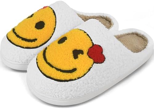 Smile Face Slippers for Women Memory Foam Retro Soft Plush Warm Slip-on Cozy Non-Slip Indoor Outdoor Comfortable Fuzzy Christmas Slippers Gifts for Family