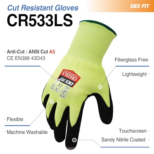 Image of DEX FIT Level A5 Fiberglass Free Cut Resistant Gloves CR533LS, 3D Comfort Fit, No Itch, Firm Grip, Soft & Durable, Touch-screen Compatible, Dexterity, Machine Washable; Fluo Green XL (10) 12 Pairs