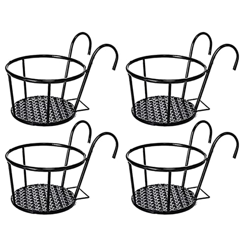 Eaarliyam Hanging Flower Pot Holder, 4Pcs Metal Round Railing Planter Baskets, Black Balcony Plant Pot Holder, Fence Planter Baskets For Indoor Outdoor Decor #TOP6