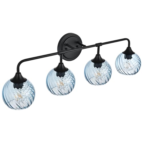 Image of MELUCEE Bathroom Light Fixtures Black Vanity Light with Blue Striped Swirl Glass Shade, 4 Light Modern Wall Light Fixtures for Mirror Kitchen Living Room Bedroom Hallway