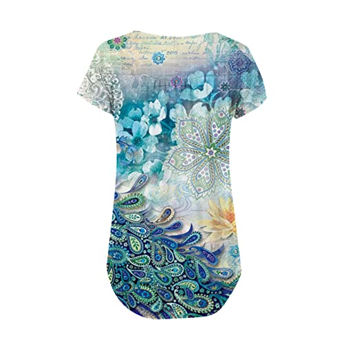 Zunfeo Womens Summer Henley Top 2023 Floral Print Shirt Blouse Button V Neck Tee Shirts Comfy Pleated Tops Loose Fit #TOP4