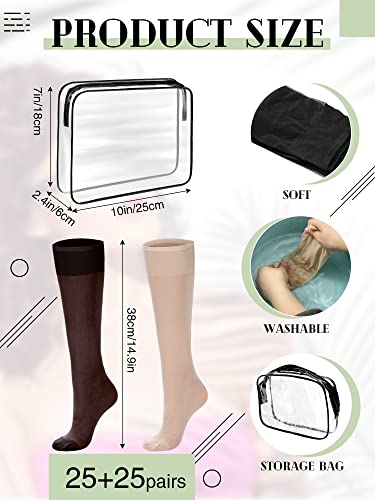 Image of 50 Pairs Sheer Knee Stockings Bulk for Women Nylon Knee Highs Pantyhose Socks for Lady with PVC Makeup Bag