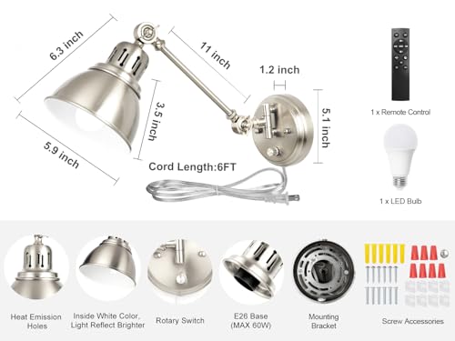 Image of GOODATE 1 Pack Plug in Wall Sconce with Remote Control, Dimming, Adjustable Colors 2700K-6500K, Plug in Wall Light, Swing Arm Wall Lamp with Night Light & Timer, LED Bulb Included, Brushed Nickel