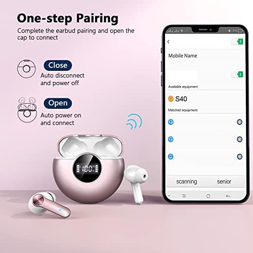 Wireless Earbuds, Bluetooth 5.2 Wireless Headphones With Mics, 48H Playtime with LED Power Display, USB-C Fast Charging, Touch Control, IPX7 Waterproof Wireless Earphones for Work/Sport (Rose Gold)