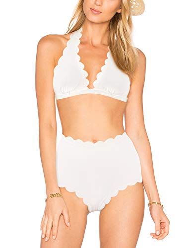 Blooming Jelly Women's High Waisted Swimsuit Halter Two Piece Bathing Suit Scalloped Bikini Set(White,M)