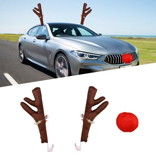 Irinidig Car Antlers, Plush Reindeer Antler Kit, Christmas Reindeer Antlers & Nose Decorations, Christmas Car Accessories for Cars SUV Vans Trucks Multiple Models (Red & Brown)