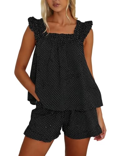 Image of ROAONOCOMO Women Floral Pajama Set Ruffle Babydoll Cami Top Coquette Pj Set Gingham 2 Piece Shorts Outfit Bridal Loungewear