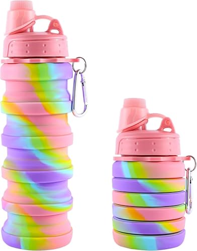 Rainbow Collapsible Water Bottles for Kids, Students, Adults, Reusable BPA Free Silicone Foldable Sports Water Bottles for Travel Camping Hiking, Folding Travel, Pink
