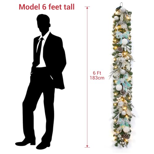 6 Ft Prelit Christmas Garland, Artificial Rattan Flower Snowflake Xmas Garland, Battery Operated Indoor Outdoor Lighted Christmas Garland Decorations for Holiday Garden Gate Stairs