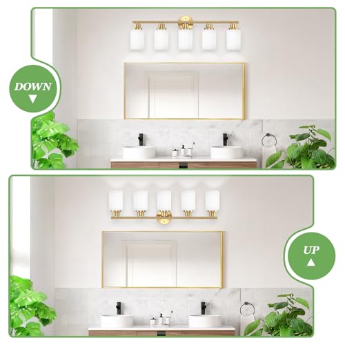 Image of 5-Light Vanity Lights, Brushed Gold Bathroom Light Fixture with Striped Textured Milky White Glass Shade, E26 Modern Vanity Lighting Fixture for Bathroom Wall Sconce Light Over Mirror