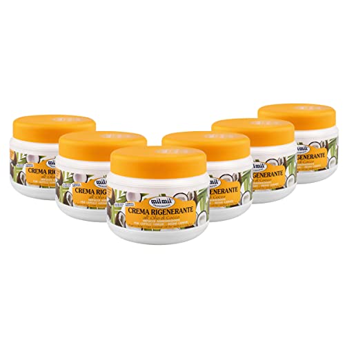 Milmil Crema Rigenerante per Capelli, Maschera Capelli Professionale, Fragranza Olio di Cocco, Impacco Ammorbidente per Capelli Lunghi e Medio Lunghi - 6 x 500 ML