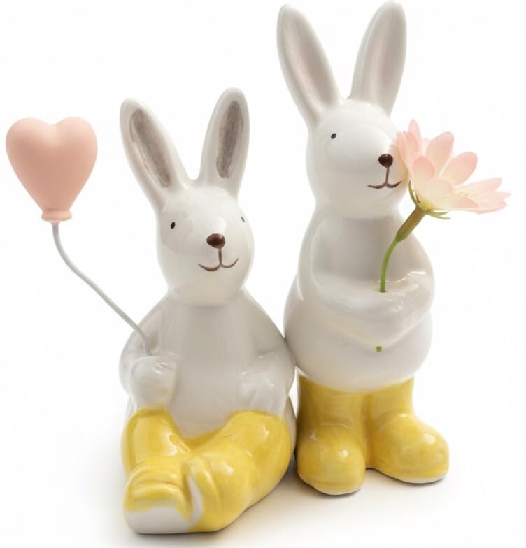khevga Osterhasen Deko Set 2er – Süße Keramik Hasen mit Herzballon & Blume – Osterdeko für Tisch, Fensterbank & Osternest – Frühlingsdek