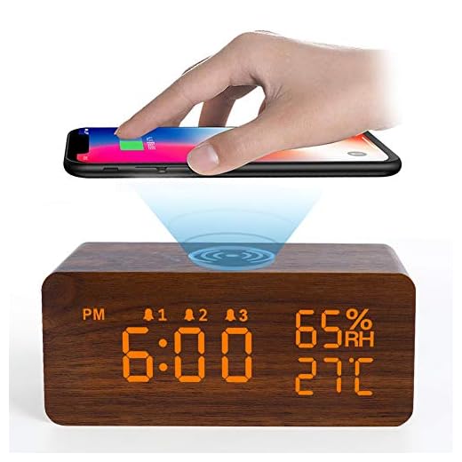 SHIISEWE Digital Alarm Clock with Wireless Charging - 3 Alarms LED Display Model, Sound Control and Snooze Dual for Bedroom, Bedside, Office (Brown)