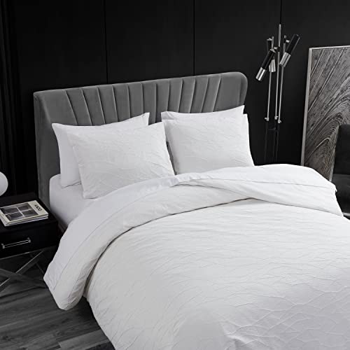 Vera Wang - Queen Duvet Cover Set, Luxury Bedding with Button Closure, Chic Room Essentials (Abstract Crinkle White, Queen)