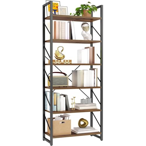 DWVO Industrial Book Shelf 6 Tier Bookshelf Tall Bookcase, Open Display Storage Rack Shelves for Living Room/Bedroom/Home/Office/Kitchen, Rustic Brown