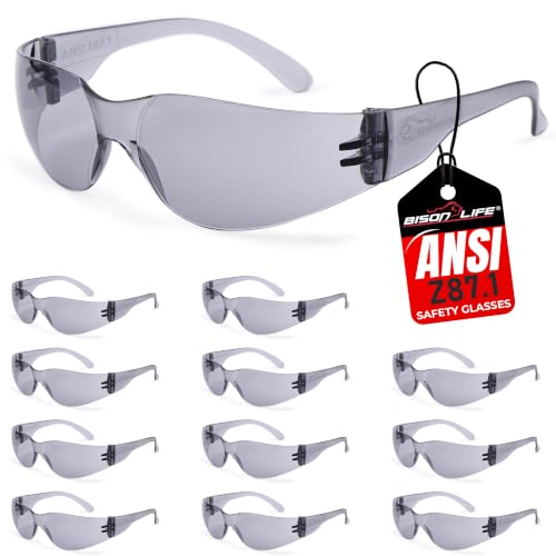 Image of BISON LIFE Gray Safety Glasses for Men & Women, Bulk, ANSI Z87.1, 12 Pack | Scratch & Impact Resistant Wraparound Safety Goggles, UV Protection Eyewear for Work, Construction, Lab, Industrial