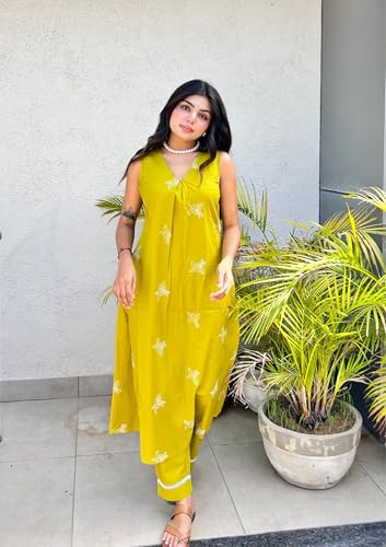 Image of MOKOSH Women's Cotton Embroidered & Hand Work Kurta Pant Set | Co-ords Set | Embroidery & Hand Work | Indian Kurta Outfit With Pant |2 Piece Outfit | V Neck Sleeveless