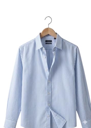 Calucani Men's Blue and White Striped Long Sleeve Button-Down Shirt (in, Numeric, 40, Regular, Sky Blue) - Image 2