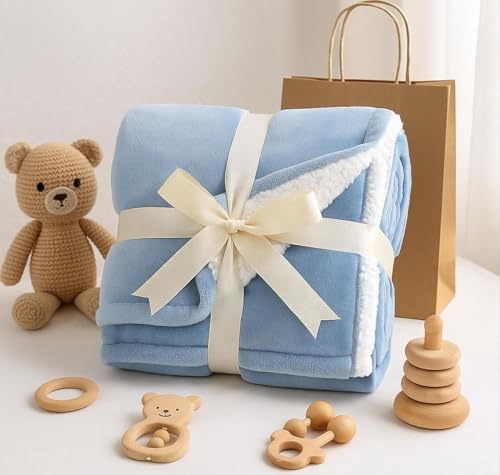 Image of VAS COLLECTIONS Baby Blanket Gift Set | 2-Layer Flannel & Sherpa Wrapping Sheet | Ultra Soft & Cozy | Newborn Boys & Girls | All-Season AC Blanket (130x105 cm, 800 g) (Gift Aqua, Baby (800g))