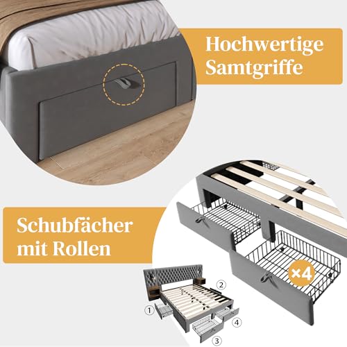 Bettanlage Schlafzimmer Komplett Set, Polsterbett Doppelbett 180×200 cm mit 2 Nachttischen und 4 Schubladen, Kopfteil Leselicht mit USB Ladefunktion, Grau, Samt (Ohne Matratze) – Bild 7