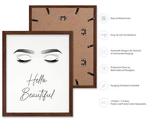 Image of Poster Master Fashion Poster - Hello Beautiful Print - Trendy Art - Modern Art - Minimal Art - Gift for Men, Women & Fashionista - Glam Decor for Dorm, Living Room or Bedroom, 11x14 Brown Framed