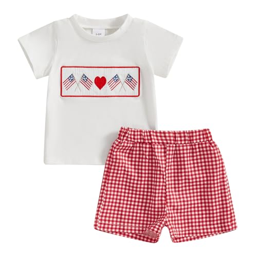 Image of 4th Of July Toddler Boy Outfit Popsicle American Flag T-Shirt and Gingham Plaid Shorts Set Independence Day Clothes