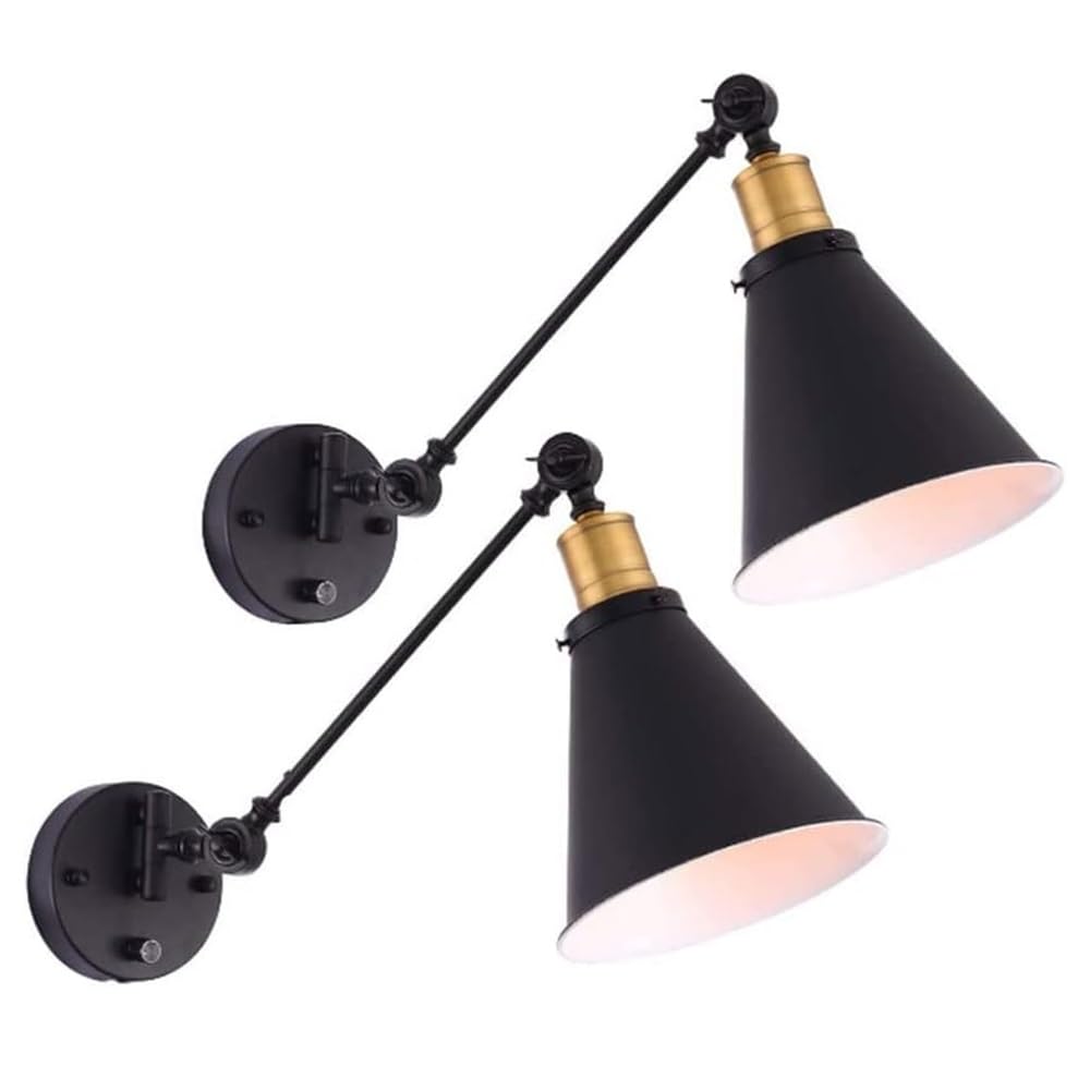 Zestaw 2 regulowanych lamp ściennych z obrotowym ramieniem, oświetlenie ścienne do sypialni, salonu, łazienki z przewodową kinkietem, czarne metalowe przemysłowe kinkiety