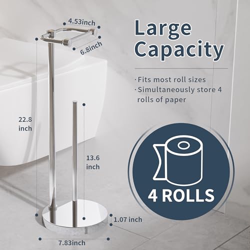 Image of RARXTR Toilet Paper Holder Stand, Post Pivoting Design Free Standing Toilet Paper Holder with Storage for 4 Rolls, SUS304 Stainless Steel Tissue Holder with Reserve, Heavy-Duty Base (Chrome)