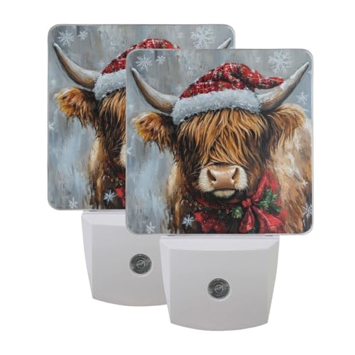 Image of Christmas Highland Cow Night Lights 2 Pack Plug-in Wall Led Nightlight Auto Dusk-to-Dawn Sensor Lamps for Bedroom Kitchen Bathroom