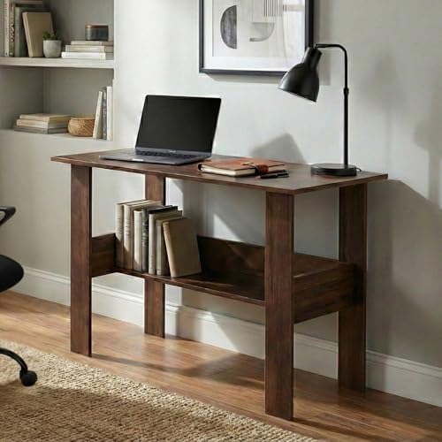 Image of Beten Large Engineered Wood Study and Computer Laptop Table for Home or Office, WFH Desk, with Storage for Books and Decor Display for Adults Kids Students (Classic Brown)