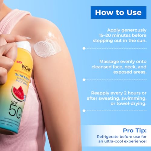 Image of WOW Skin Science Watermelon + Omega Arctic Sunfreeze Sunscreen Spray | SPF 50 PA++++ | -7C Cooling Effect | UV Rays + Pollution Defense | Lightweight, Non-Greasy & Invisible Finish | 100ml