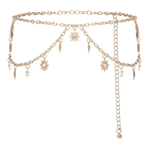 Gold Waist Chain Plus Size, Sun Moon Star Waist Chain, Decorative Metal Belt for Women Jeans Pants Dresses - Fits Size 23-45 inch