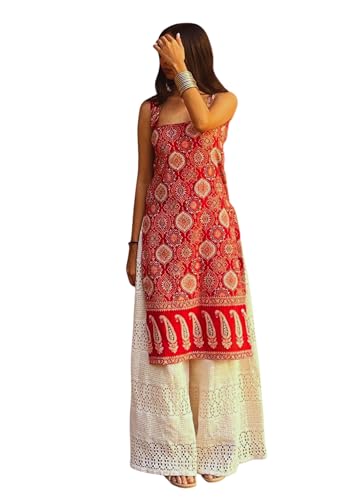 Image of Women's Sleeveless Ajrak Print Kurti, Pure Cotton Straight Fit Straight Cambric Jaipuri Printed Kurti