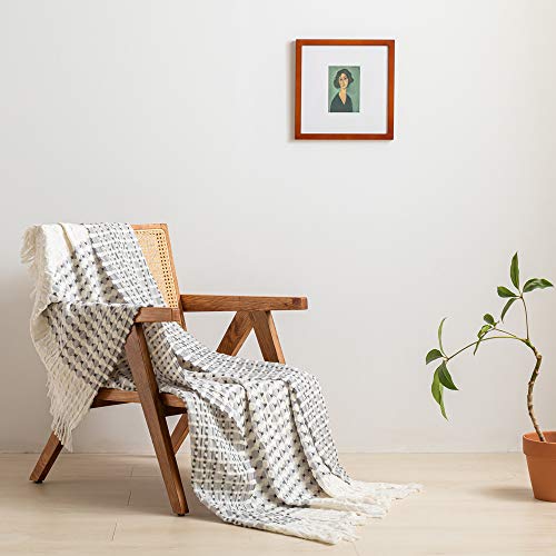 SIMPLEOPULENCE 100% Cotton Throw Blanket for Bed, Couch, Yarn Dyed Cable Knitted Jacquard Woven Blanket with Tassels, Soft Lightweight Cozy Breathable Farmhouse Decoration for All-Season(Grey)