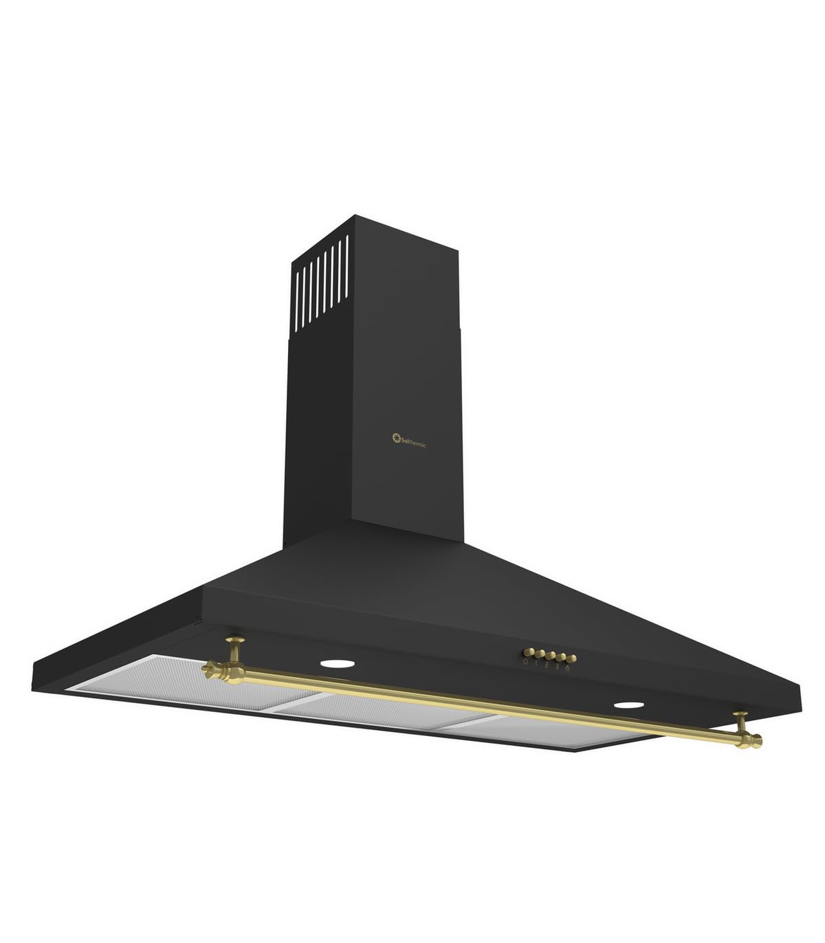 SOLTHERMIC H90PR CAMPANA DECORATIVA ESTILO RUSTICO NEGRA CON RIBETES DORADOS/ANCHO 90 CM / 2 LAMPARAS LED/FILTROS METÁLICOS / 550 m3, FILTROS LAVABLES ""ALTA GAMA""