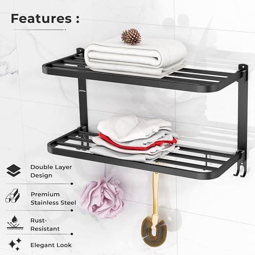Image of Plantex Double Towel Rack for Bathroom /24 Inch Dual Towel Holder /Towel Bar /Towel Henger /Bathroom Accessories - Pack of 1 (Black)