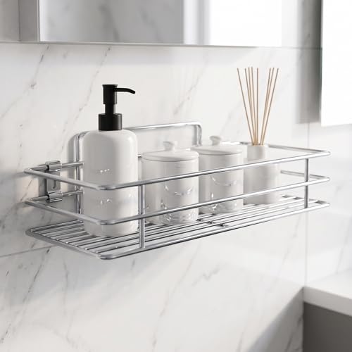 Image of USF 304 Stainless Steel Bathroom Shelf 3-in-1 Organizer Rack with Frosted Glass Soap Dish & Tumbler Holder, Wall Mounted Shelf for Bathroom & Kitchen, Space-Saving & Multipurpose Chrome Finish