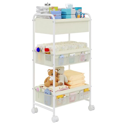 3-Tier Baby Diaper Caddy Cart Organizer,Mobile Nursery Storage Carts with Wheels,With 2 Dividers&14 Mesh Pockets Durable Metal Utility Cart for Nursery, Bedroom, Bathroom, Baby Essentials Organization