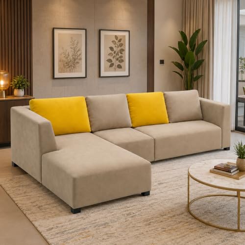 Image of FURNY Olympus 6 Seater LHS L Shape Sofa Set | Plush Velvet Suede Fabric | Modern Design | Soft Comfort Dual Color Cushions for Living Room, Office & Hotels (Beige-Yellow)
